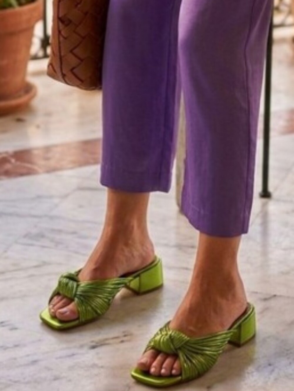 {Souliers Martinez} Green Knot Satin Slide Sandals - Size 39